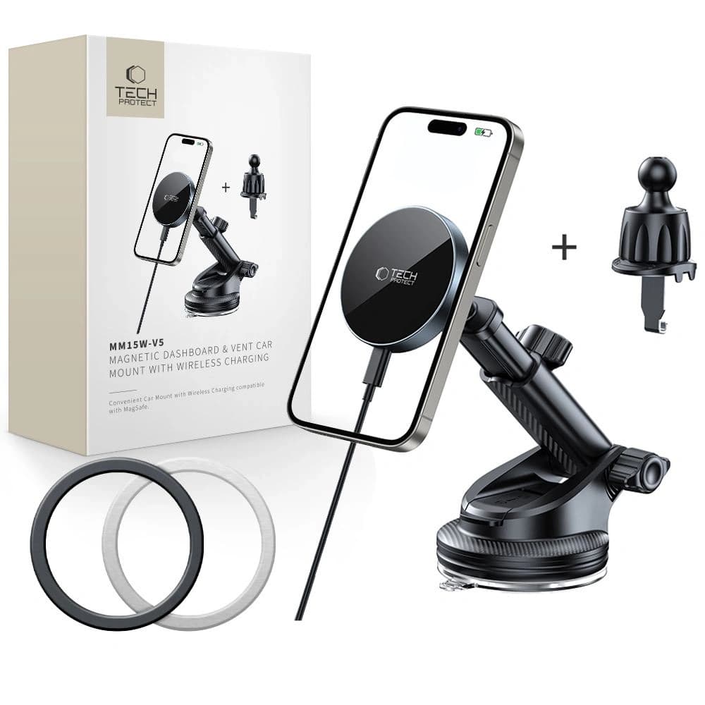 Tech-Protect MM15W-V5 Magnetic MagSafe Dashboard & Vent Car Mount Wireless Charger 15W Black - 1