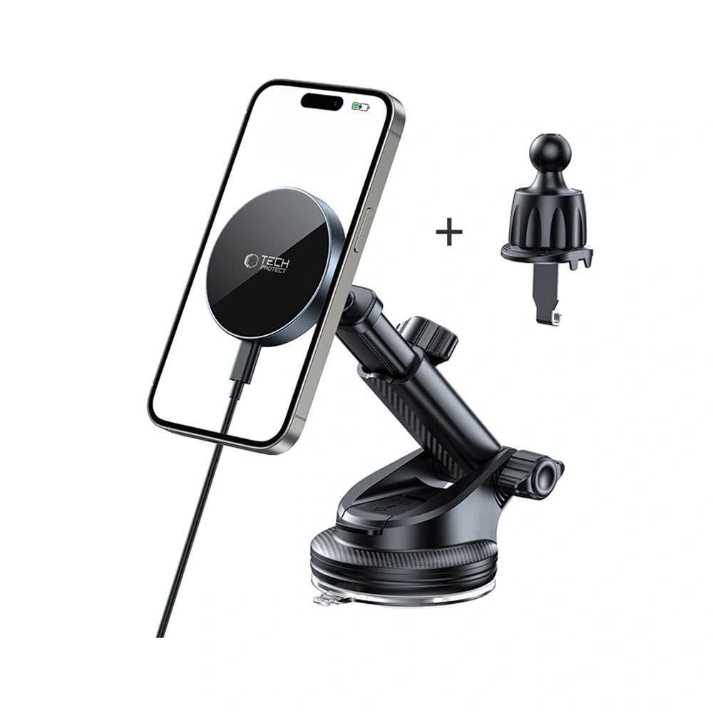 Tech-Protect MM15W-V5 Magnetic MagSafe Dashboard & Vent Car Mount Wireless Charger 15W Black - 2