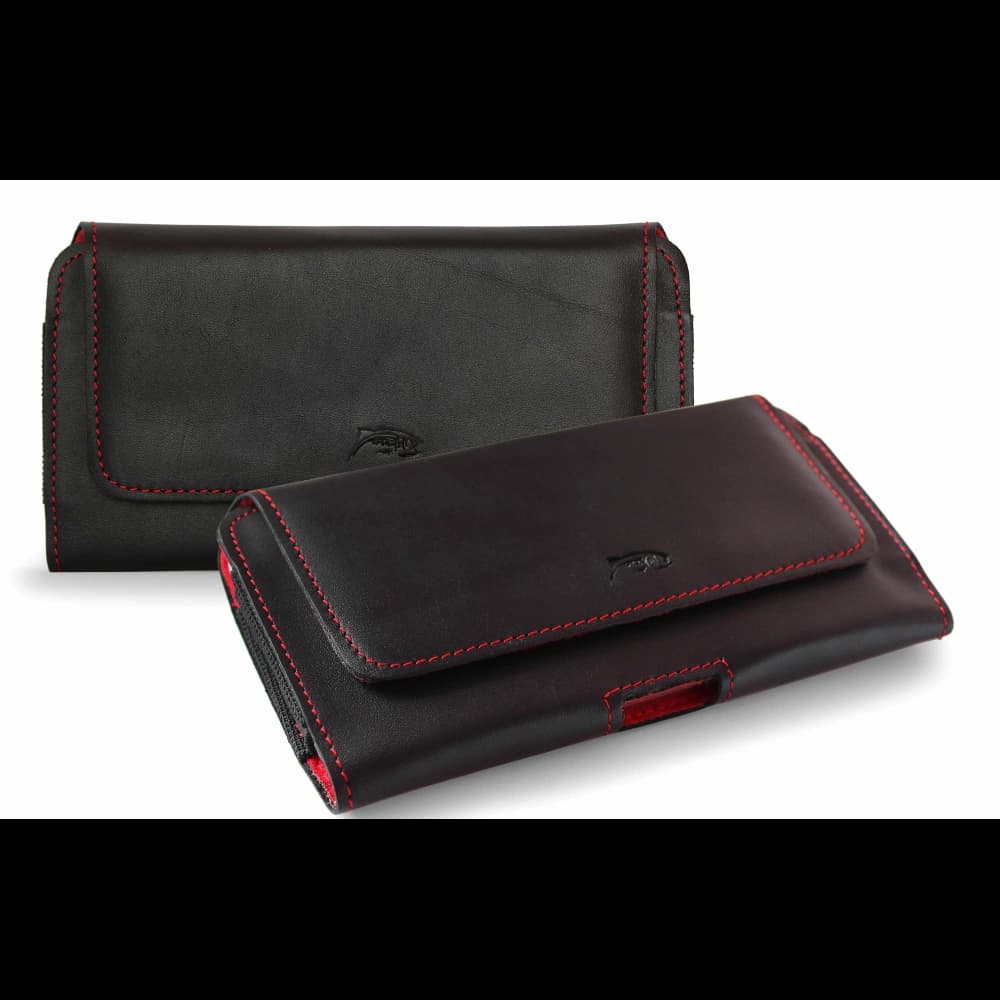 LURESKO FREYA XL Lederholster für den Gürtel, Handyhülle 165x82x10mm (schwarz glatt mit rotem Faden und rotem Innenraum) - 1