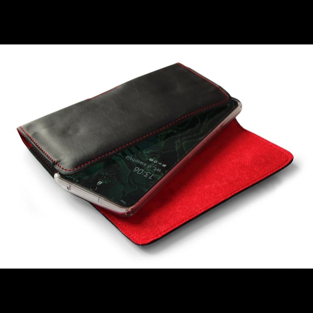 LURESKO FREYA XL Lederholster für den Gürtel, Handyhülle 165x82x10mm (schwarz glatt mit rotem Faden und rotem Innenraum) - 2