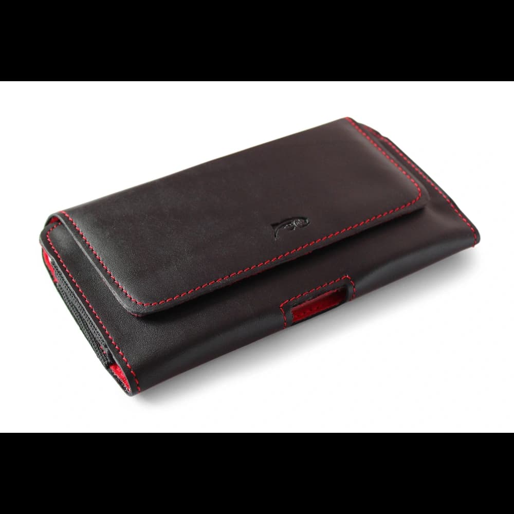 LURESKO FREYA XL Lederholster für den Gürtel, Handyhülle 165x82x10mm (schwarz glatt mit rotem Faden und rotem Innenraum) - 3