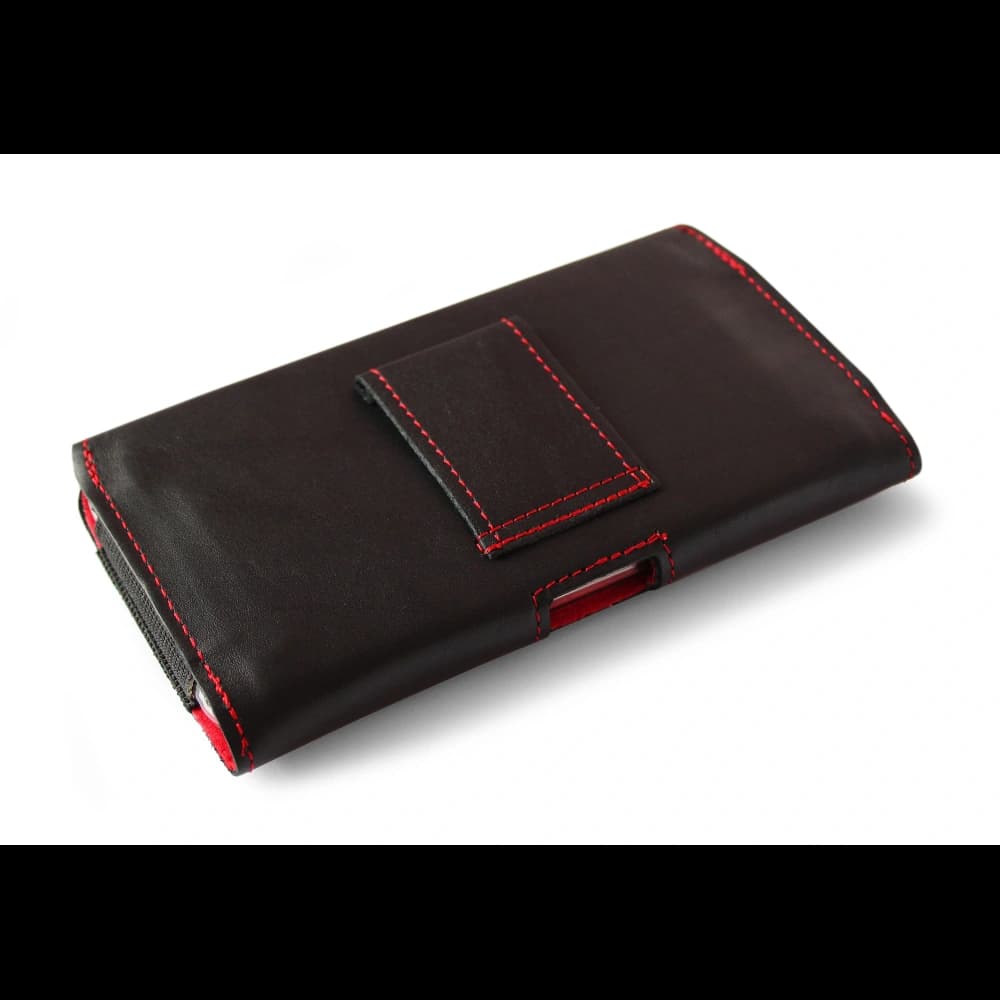 LURESKO FREYA XL Lederholster für den Gürtel, Handyhülle 165x82x10mm (schwarz glatt mit rotem Faden und rotem Innenraum) - 4