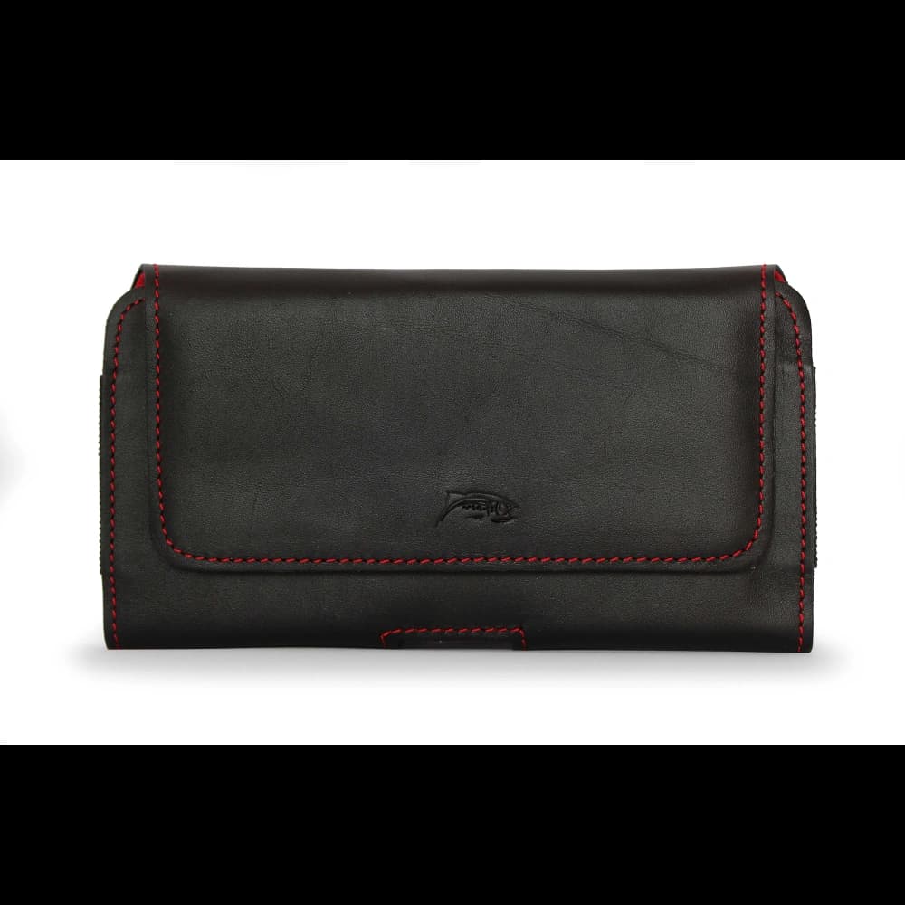 LURESKO FREYA XL Lederholster für den Gürtel, Handyhülle 165x82x10mm (schwarz glatt mit rotem Faden und rotem Innenraum) - 5