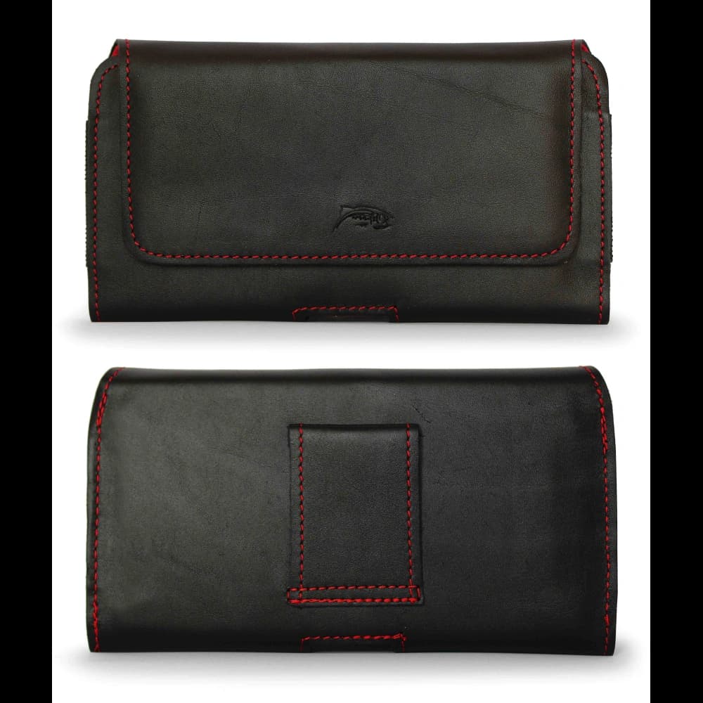 LURESKO FREYA XL Lederholster für den Gürtel, Handyhülle 165x82x10mm (schwarz glatt mit rotem Faden und rotem Innenraum) - 12
