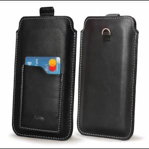 LURESKO ASTER 4XL universal leather case with a loop for a strap, slide-in for a phone up to 7' (smooth black with white thread)