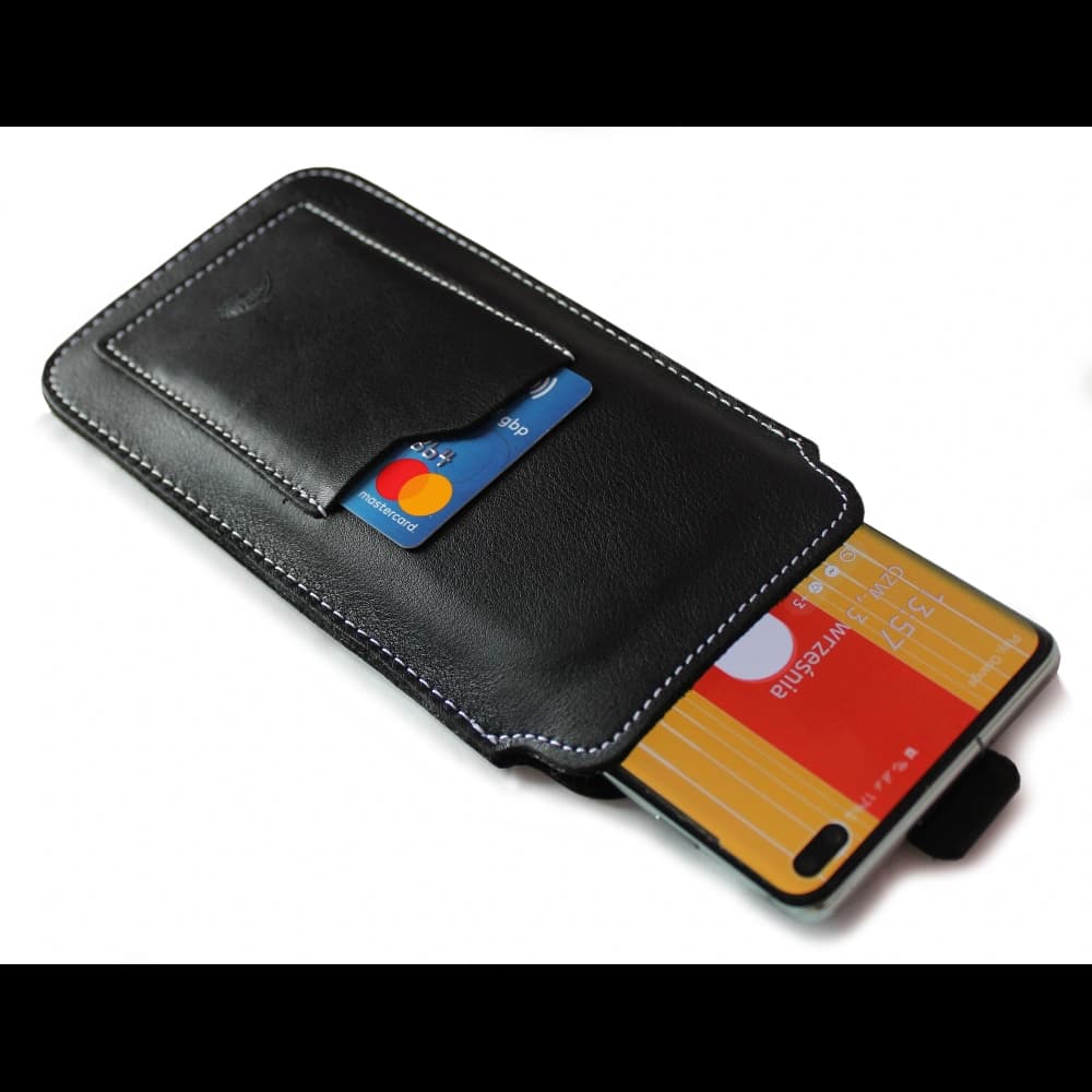 LURESKO ASTER 4XL universal leather case with a loop for a strap, slide-in for a phone up to 7' (smooth black with white thread) - 4