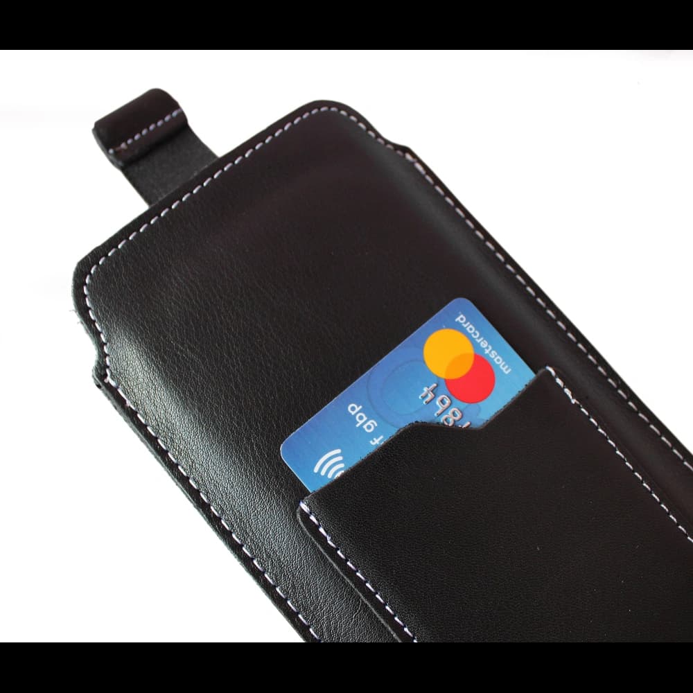 LURESKO ASTER 4XL universal leather case with a loop for a strap, slide-in for a phone up to 7' (smooth black with white thread) - 5