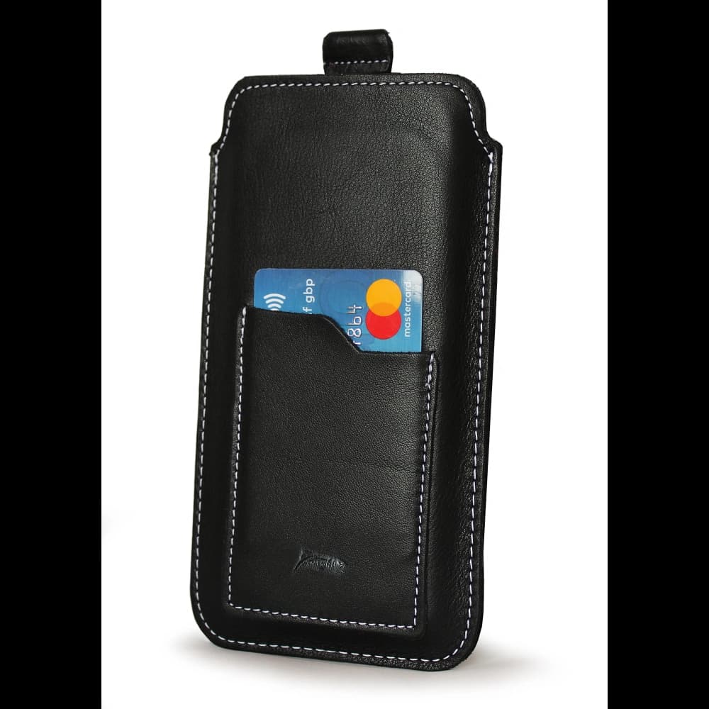 LURESKO ASTER 4XL universal leather case with a loop for a strap, slide-in for a phone up to 7' (smooth black with white thread) - 6