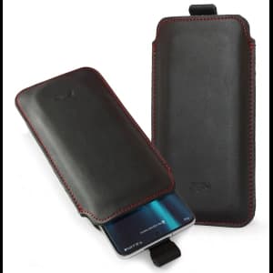 LURESKO LILLA XXXL Lederhülle für Telefon 6,5' - 6,9' (glattes Schwarz mit rotem Faden)