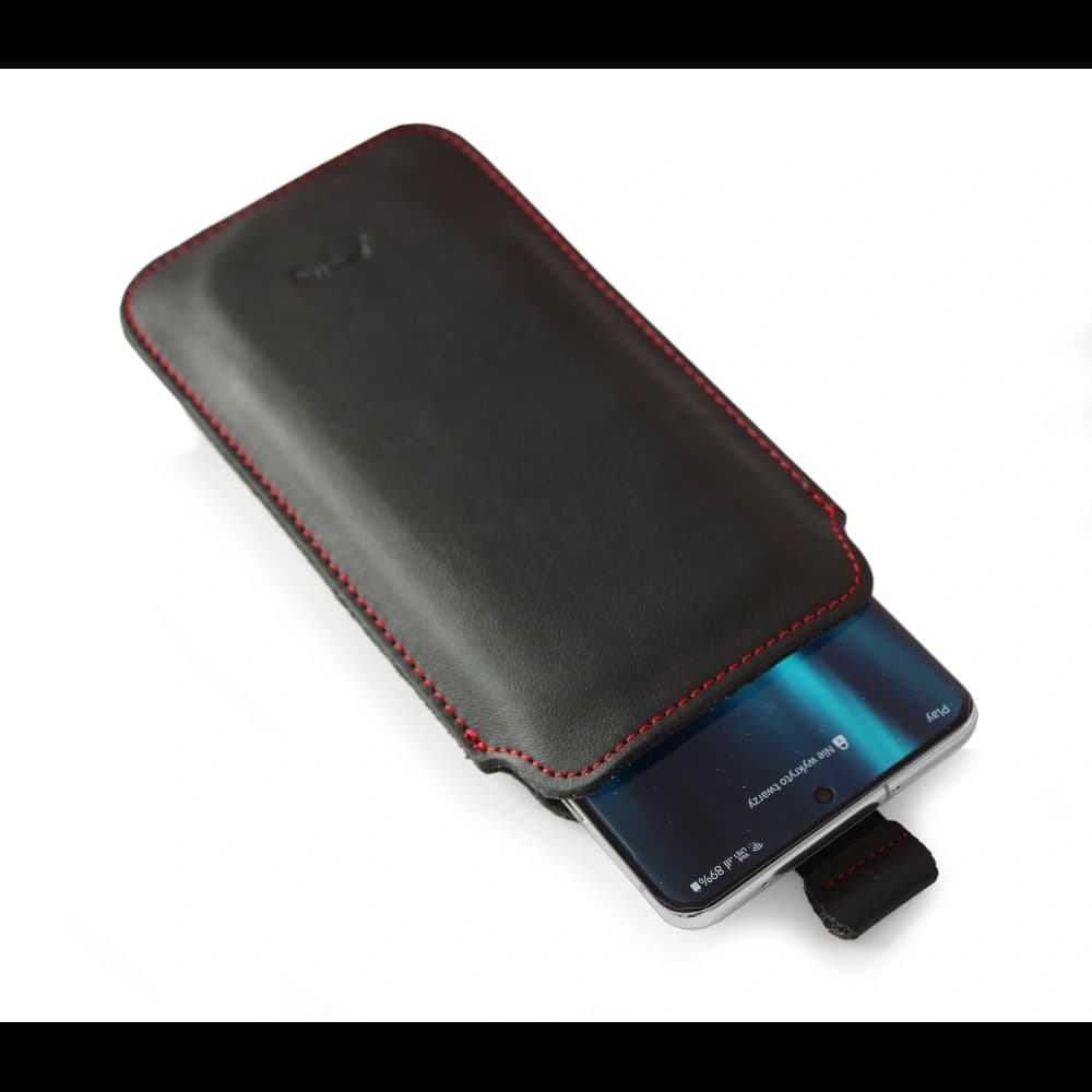 LURESKO LILLA XXXL Lederhülle für Telefon 6,5' - 6,9' (glattes Schwarz mit rotem Faden) - 4