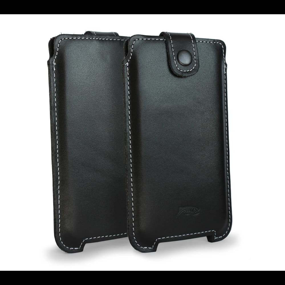 LURESKO SOFIJA XXXL leather case universal with a strap closure (black smooth with white thread) - 1