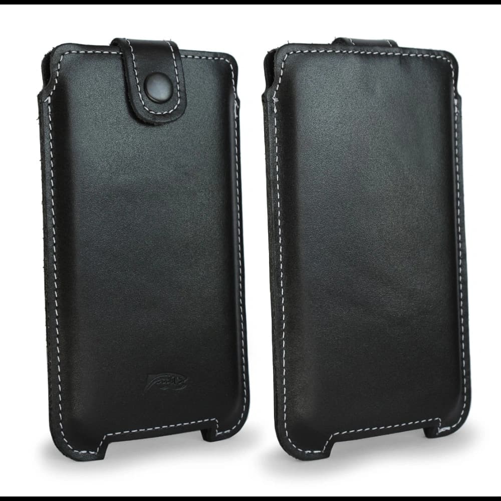 LURESKO SOFIJA XXXL leather case universal with a strap closure (black smooth with white thread) - 13