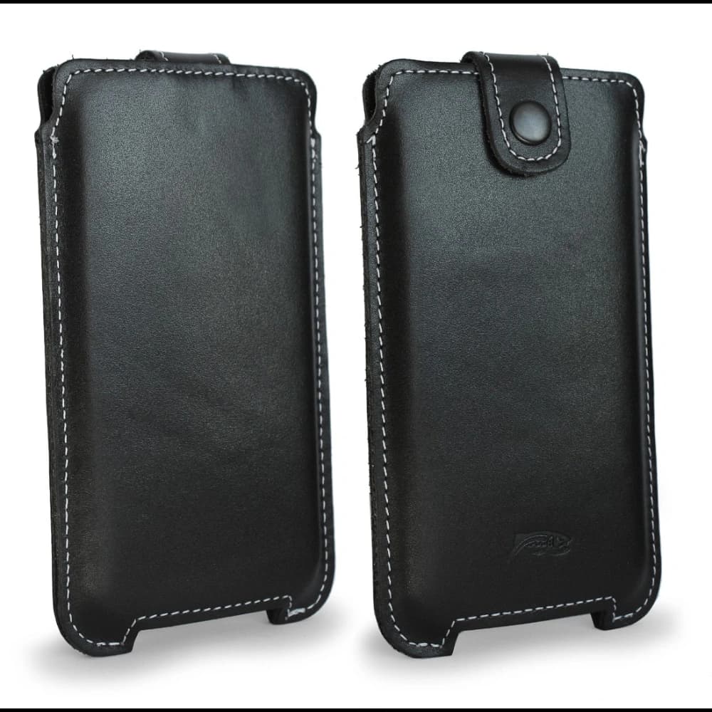 LURESKO SOFIJA XXXL leather case universal with a strap closure (black smooth with white thread) - 14