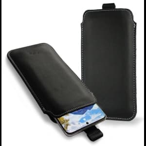 LURESKO NEUES LILLA XXXL Lederhülle für Telefon 6,5' - 6,9' (schwarz glatt mit weißem Faden)