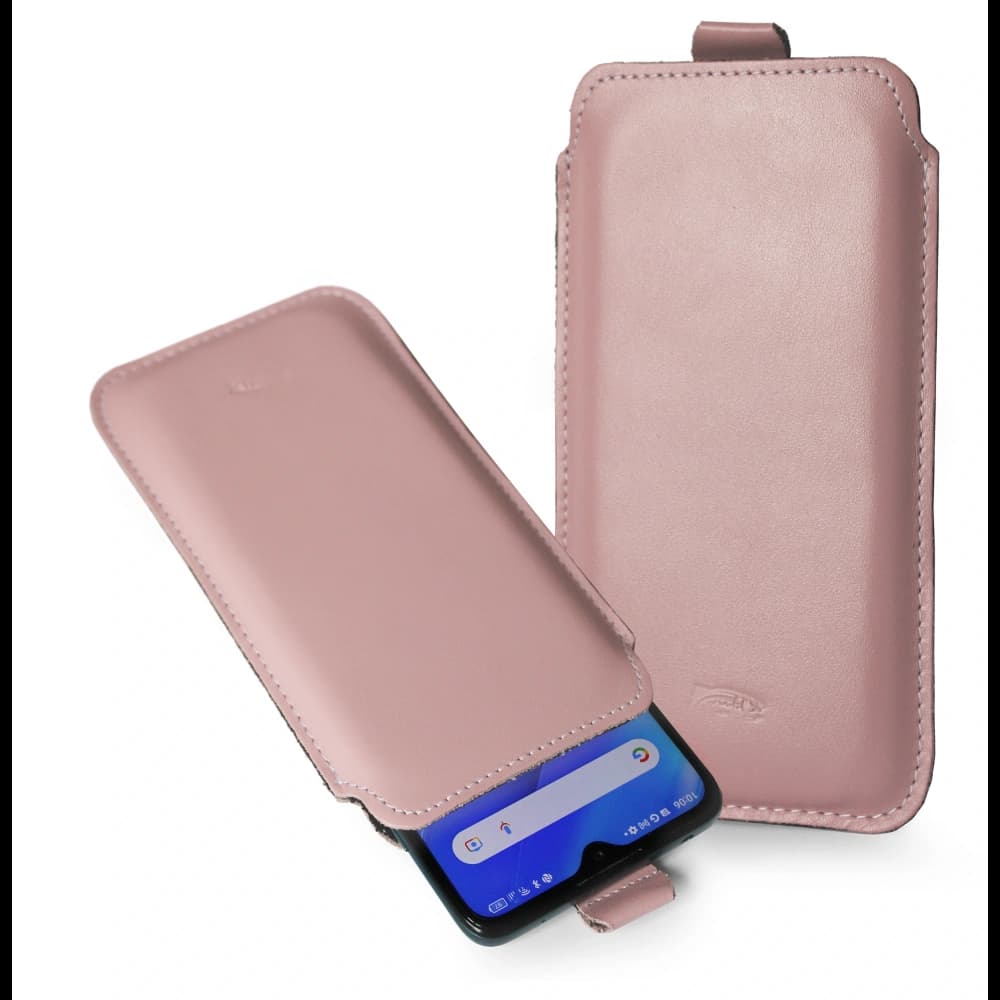 LURESKO NEW LILLA XXXL leather slipcase for phone 6.5' - 6.9' (smooth pink with white thread) - 1