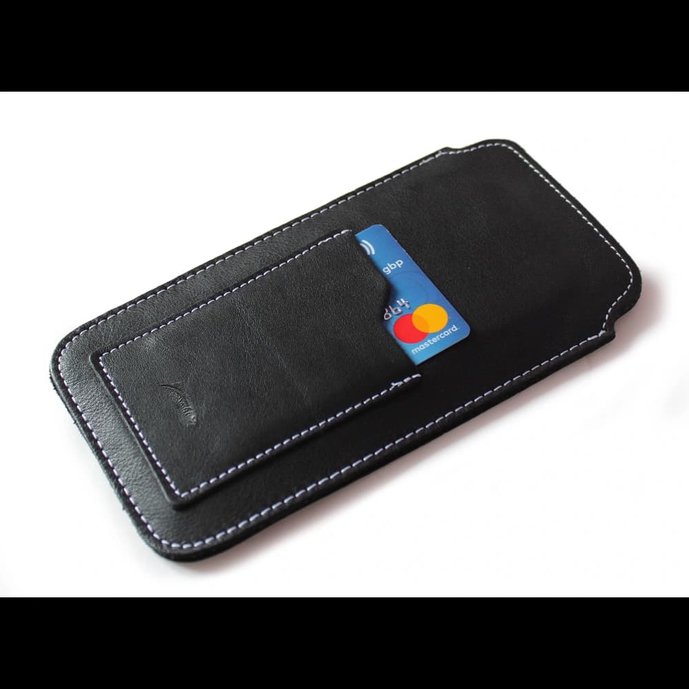 LURESKO NEW ASTER XXXL universal leather case with a loop for a strap for phones 6.5' - 6.9' (black smooth with white thread) - 2