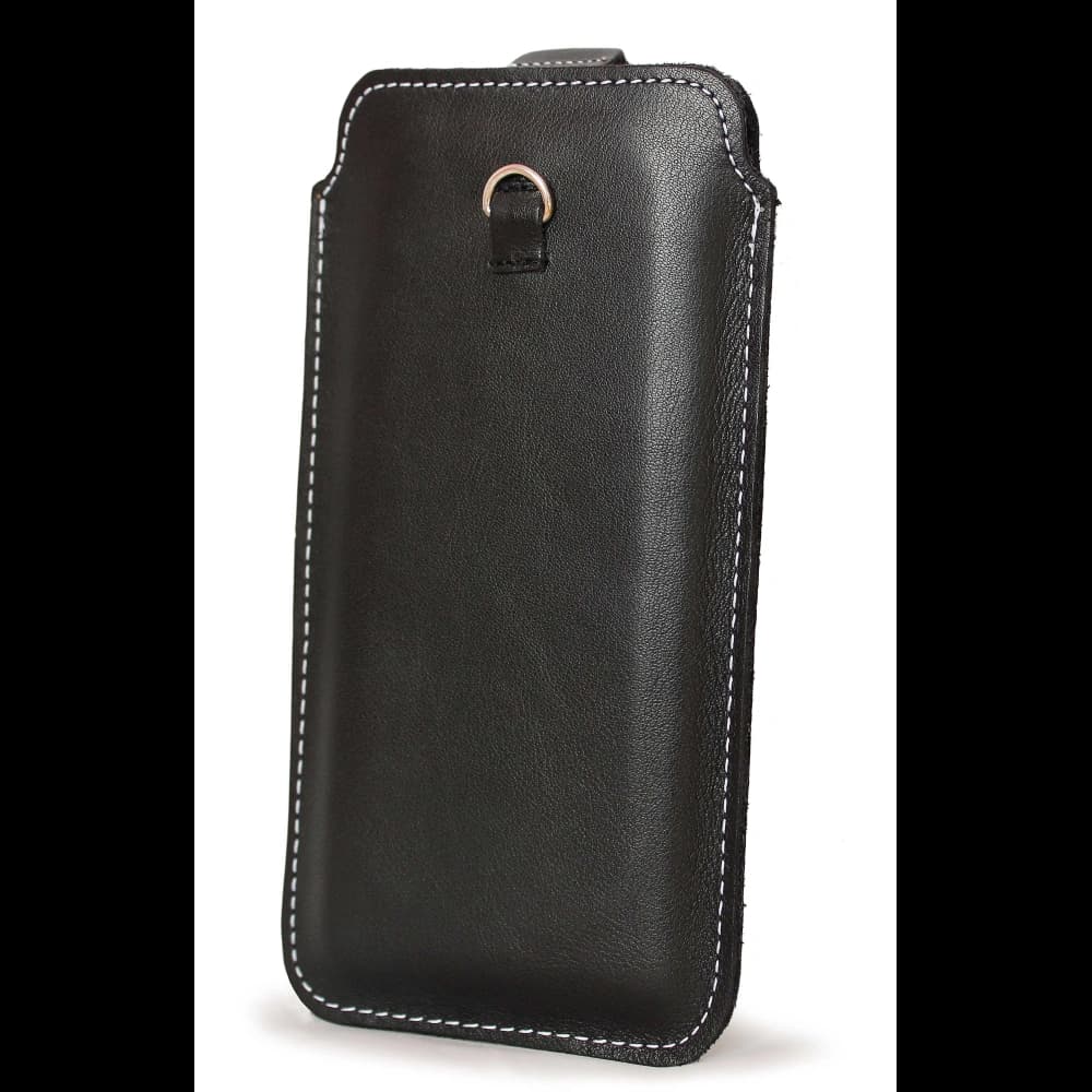LURESKO NEW ASTER XXXL universal leather case with a loop for a strap for phones 6.5' - 6.9' (black smooth with white thread) - 7