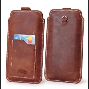 LURESKO NEUE ASTER XXXL universelle Lederhülle mit einer Schlaufe für ein Lanyard für Handys der Größen 6,5' - 6,9' (vintage braun mit weißen Nähten)