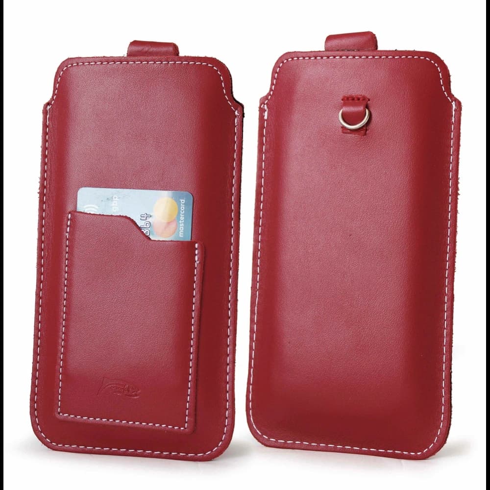 LURESKO NEW ASTER XXXL universal leather case with a loop for a strap for phone sizes 6.5' - 6.9' (red with white thread) - 1