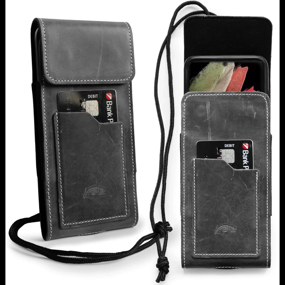 LURESKO HECTOR XXL leather neck case / belt case / loop holster vertical 167x78x10mm (gray vintage white thread) - 2