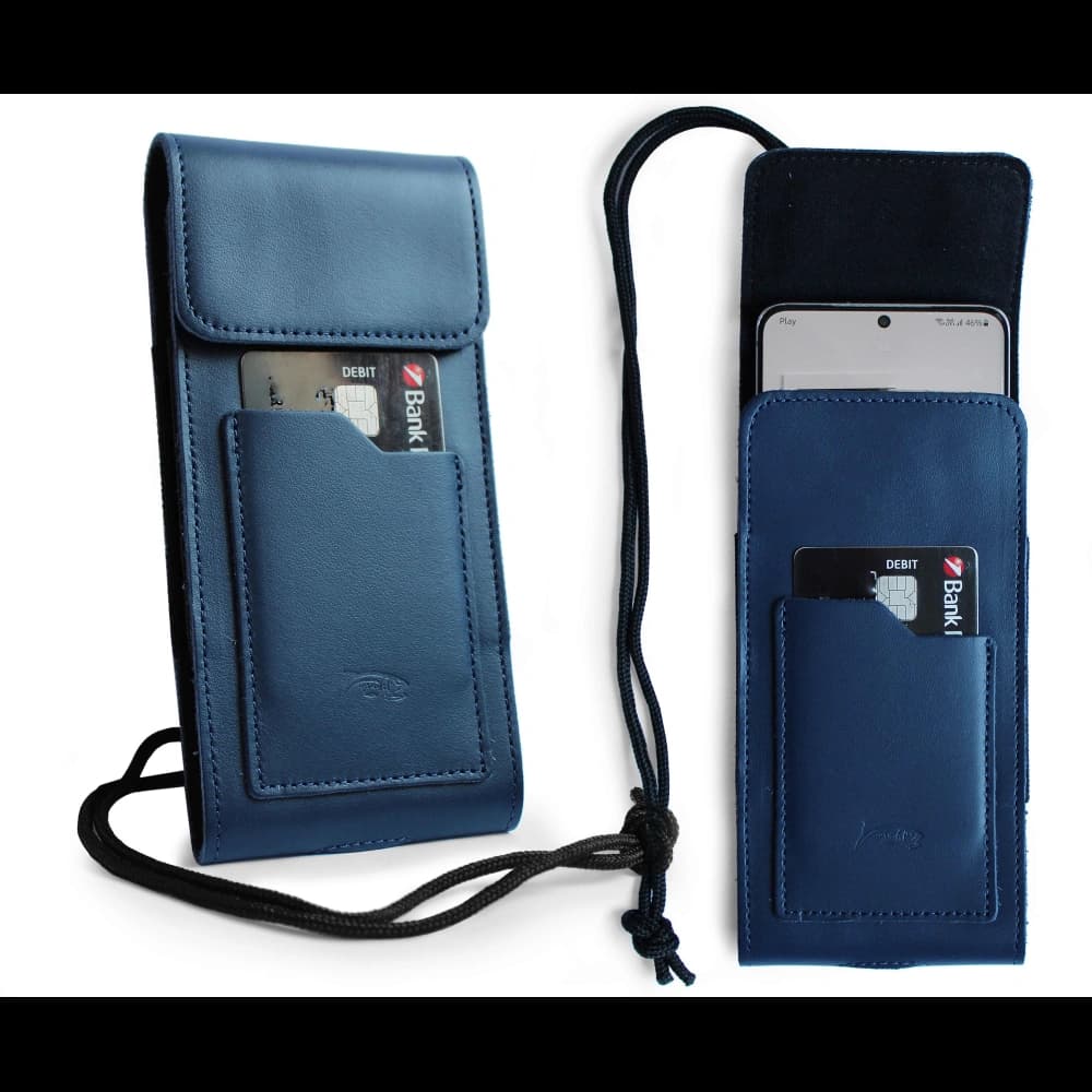LURESKO HECTOR XXL leather neck case / belt case / loop holster vertical 167x78x10mm (smooth blue with blue thread) - 2