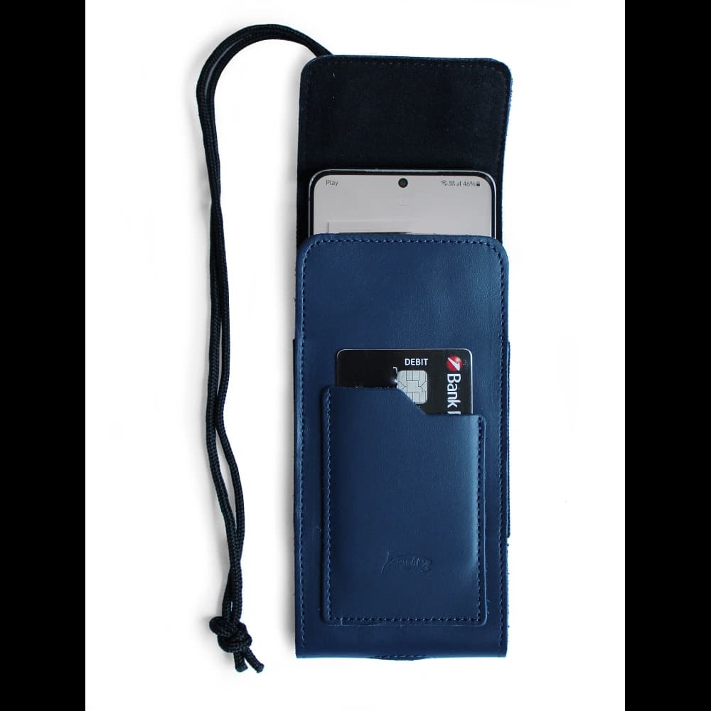 LURESKO HECTOR XXL leather neck case / belt case / loop holster vertical 167x78x10mm (smooth blue with blue thread) - 5