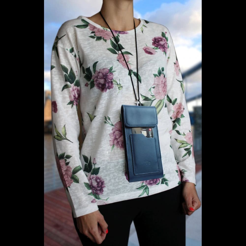 LURESKO HECTOR XXL leather neck case / belt case / loop holster vertical 167x78x10mm (smooth blue with blue thread) - 14