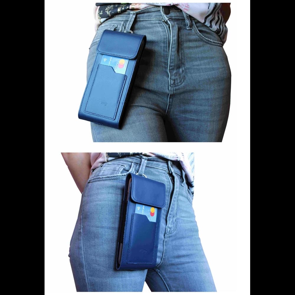 LURESKO HECTOR XXL leather neck case / belt case / loop holster vertical 167x78x10mm (smooth blue with blue thread) - 16