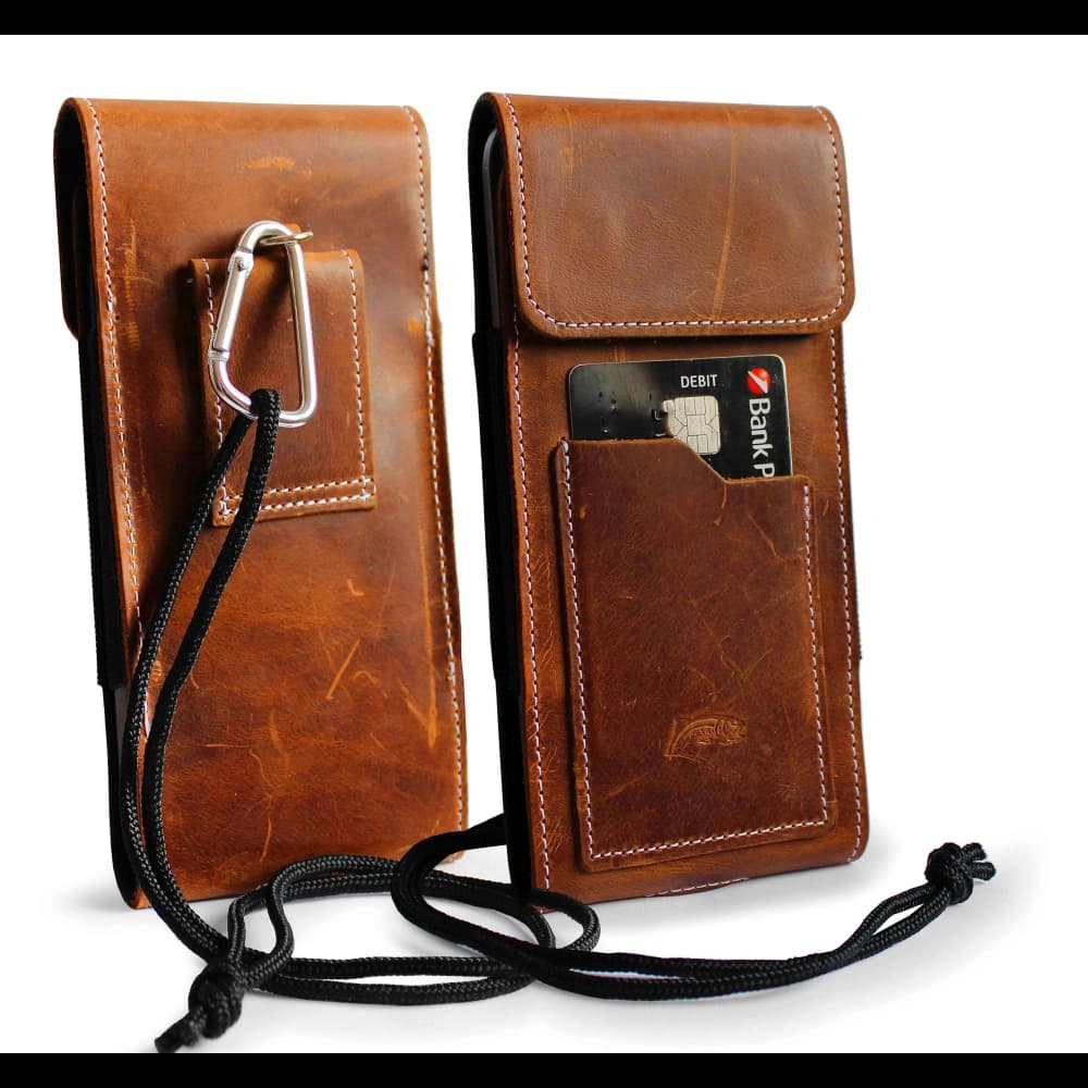 LURESKO HECTOR XXL R XXL leather neck case / belt case / loop holster vertical 167x78x10mm (light vintage brown with white thread) - 1