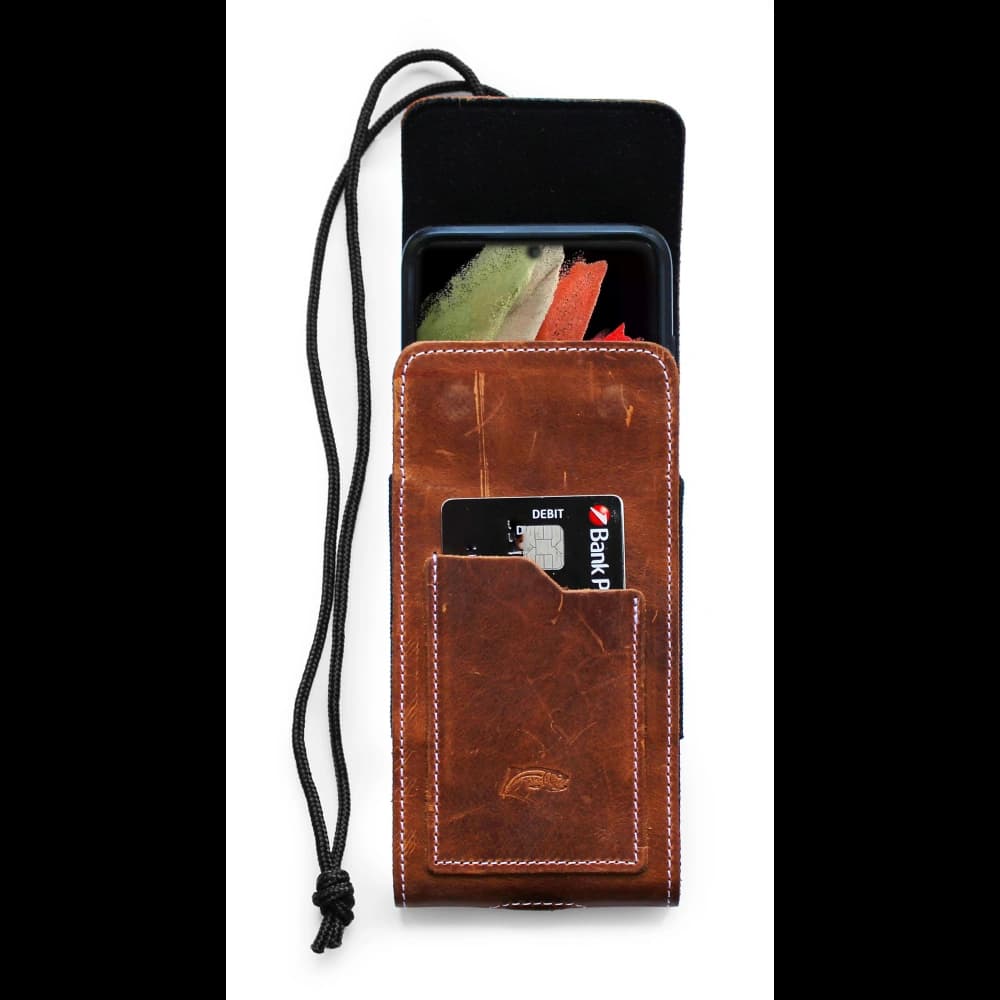 LURESKO HECTOR XXL R XXL leather neck case / belt case / loop holster vertical 167x78x10mm (light vintage brown with white thread) - 5