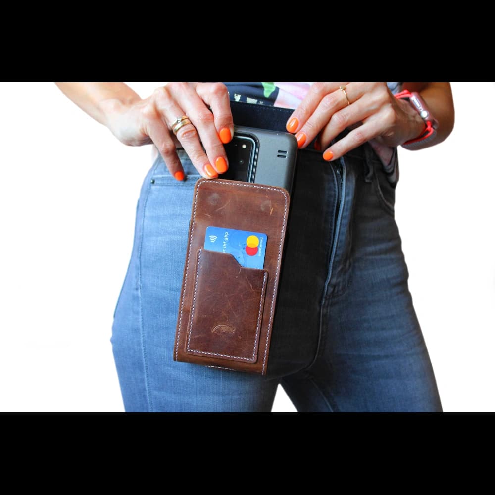 LURESKO HECTOR XXL R XXL leather neck case / belt case / loop holster vertical 167x78x10mm (light vintage brown with white thread) - 15