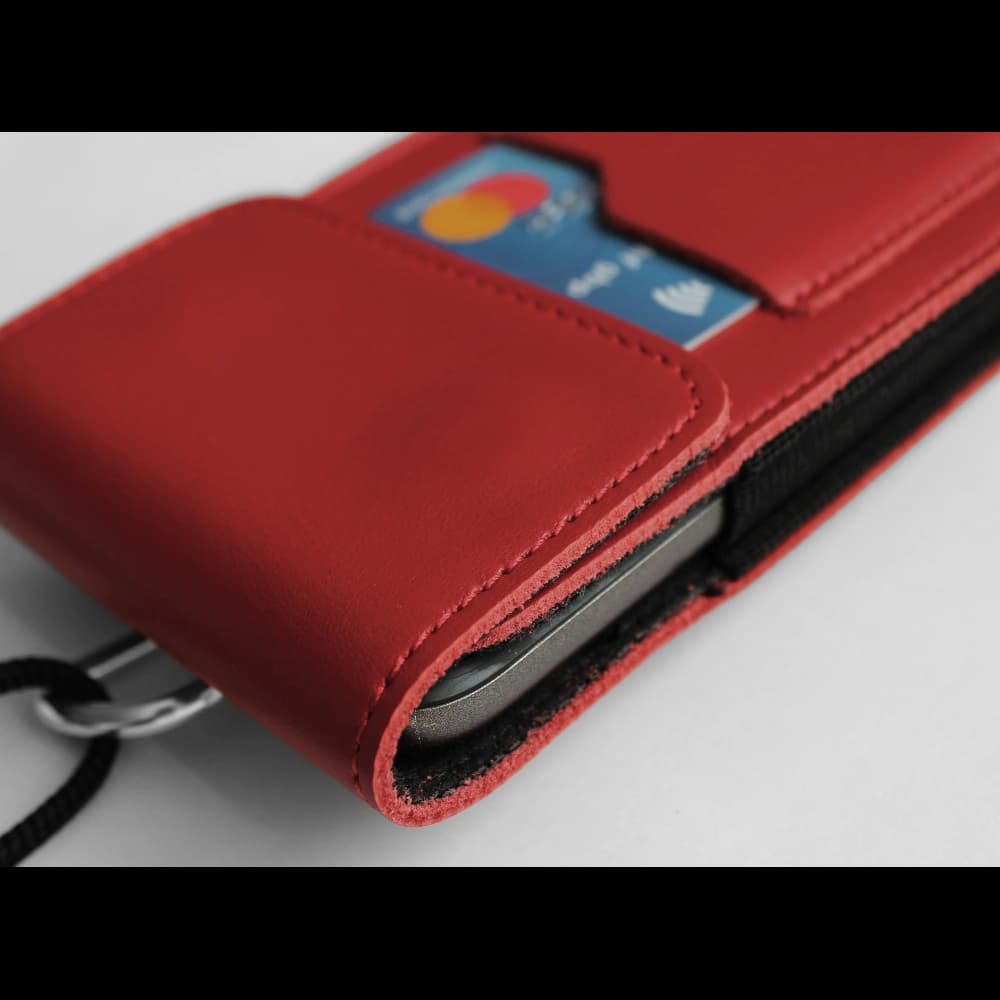 LURESKO HECTOR XXL leather neck case / belt case / loop vertical holster 167x78x10mm (red smooth with red thread) - 9