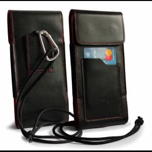 Skórzane etui na szyję / do paska / do szlufki kabura pionowa LURESKO HECTOR XXL 167x78x10mm (czarny gładki czerwona nić czerwony środek)