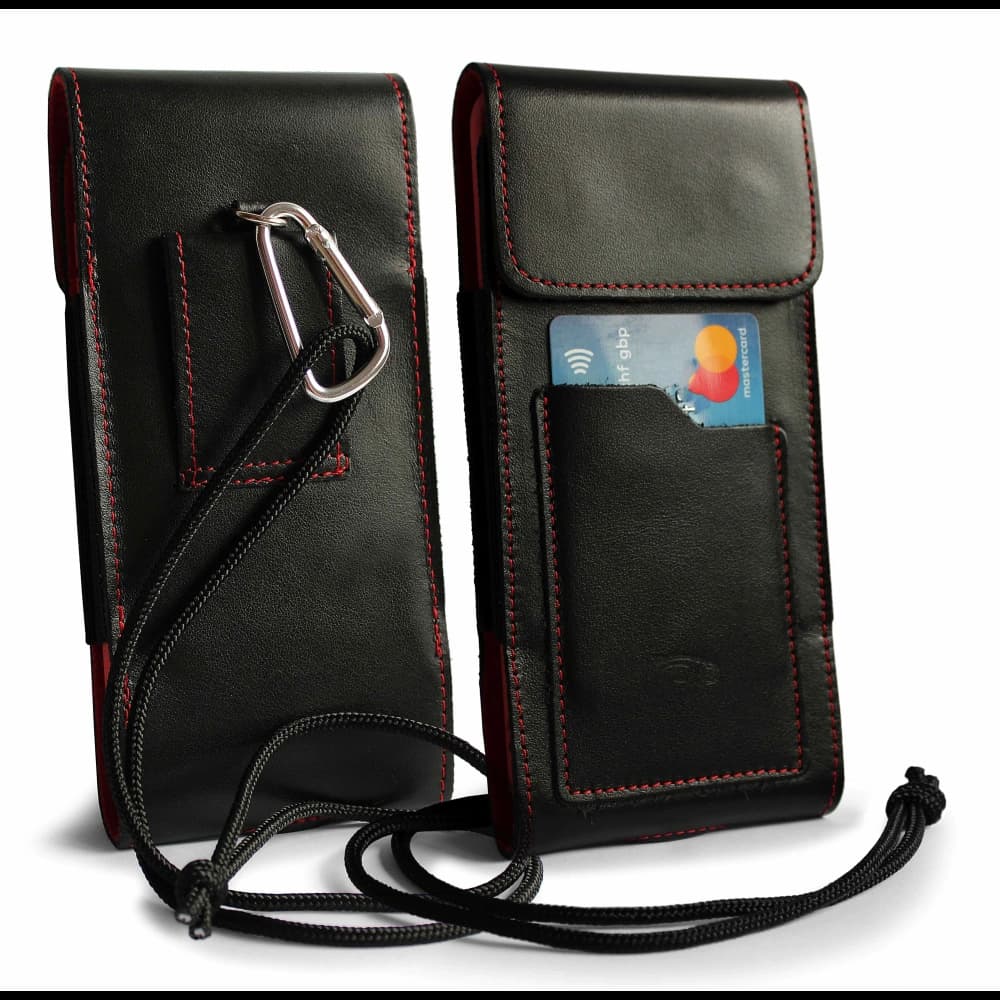LURESKO HECTOR XXL leather neck case / belt case / loop holster vertical 167x78x10mm (black smooth red thread red interior) - 1