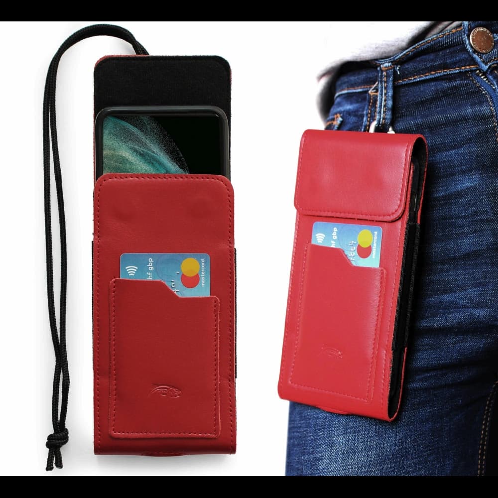 LURESKO HECTOR XXL leather neck case / belt case / loop vertical holster 167x78x10mm (red smooth with red thread) - 11