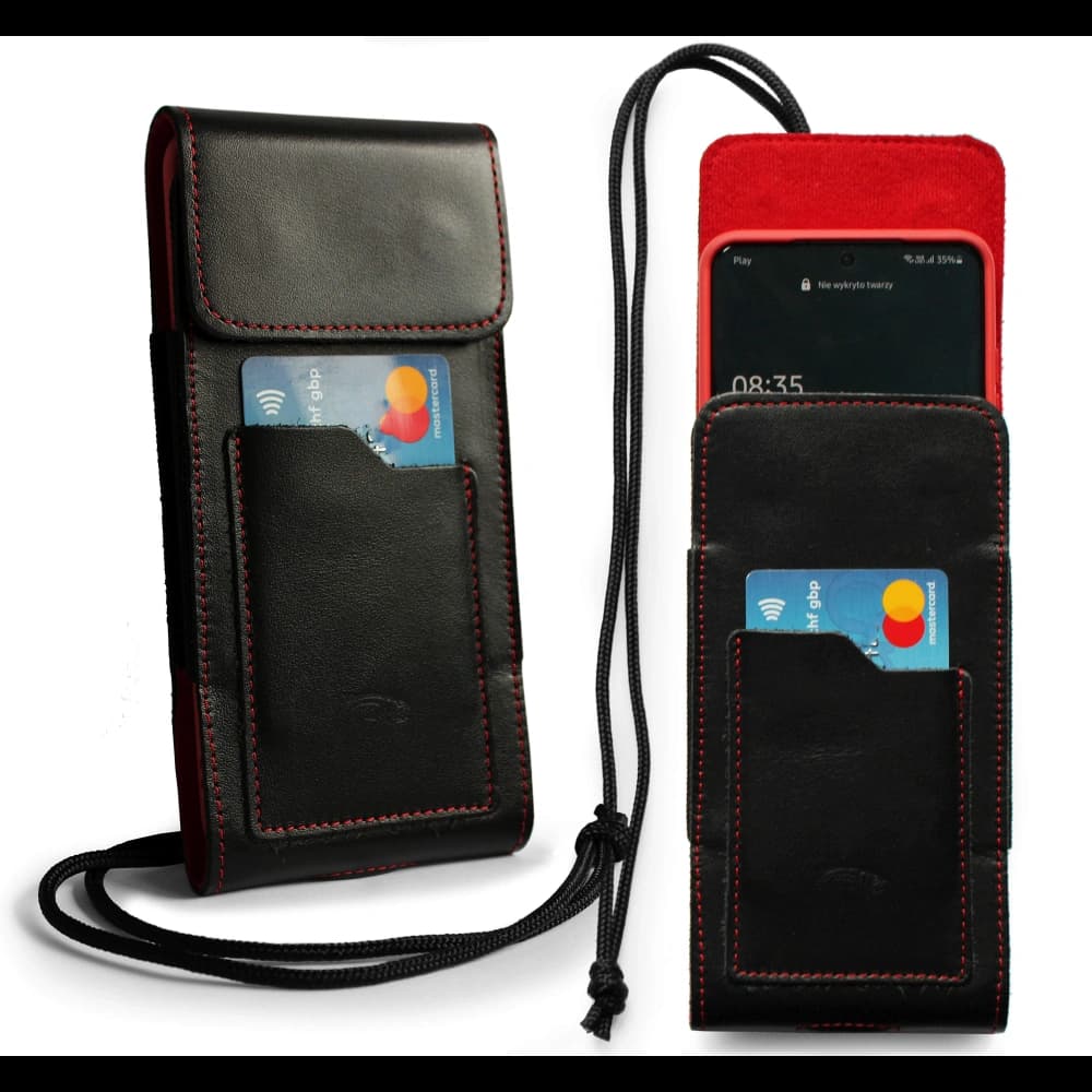 LURESKO HECTOR XXL leather neck case / belt case / loop holster vertical 167x78x10mm (black smooth red thread red interior) - 2