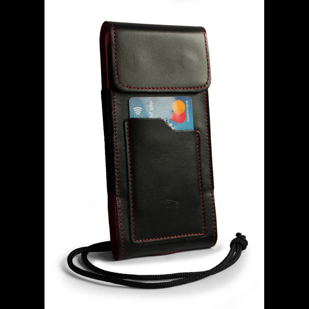 LURESKO HECTOR XXL leather neck case / belt case / loop holster vertical 167x78x10mm (black smooth red thread red interior) - 3