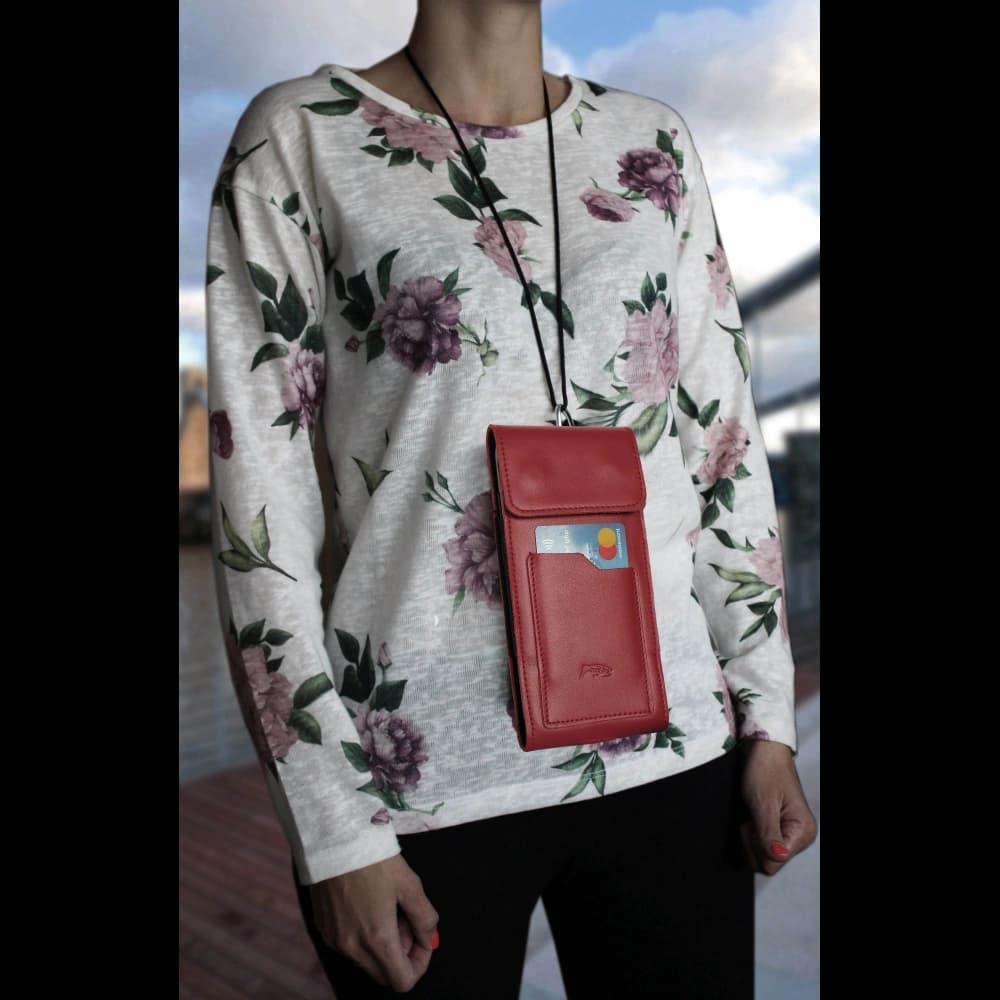 LURESKO HECTOR XXL leather neck case / belt case / loop vertical holster 167x78x10mm (red smooth with red thread) - 14