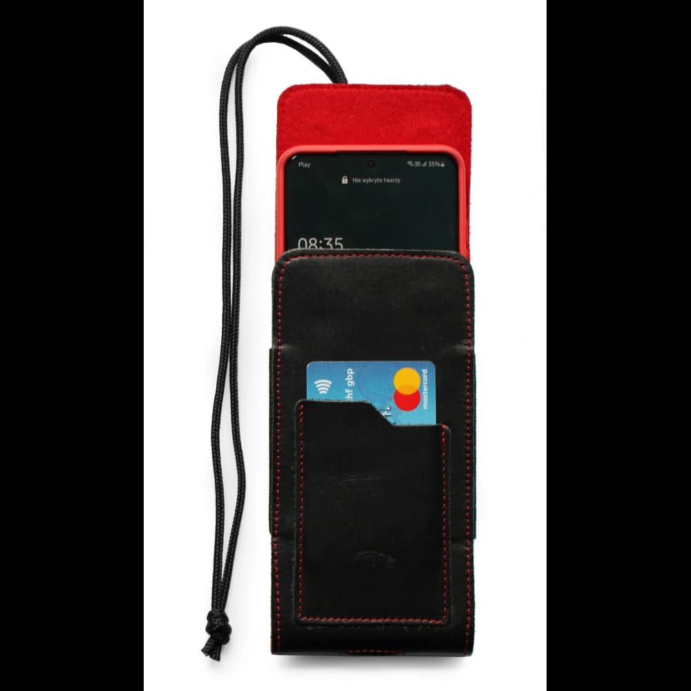 LURESKO HECTOR XXL leather neck case / belt case / loop holster vertical 167x78x10mm (black smooth red thread red interior) - 5