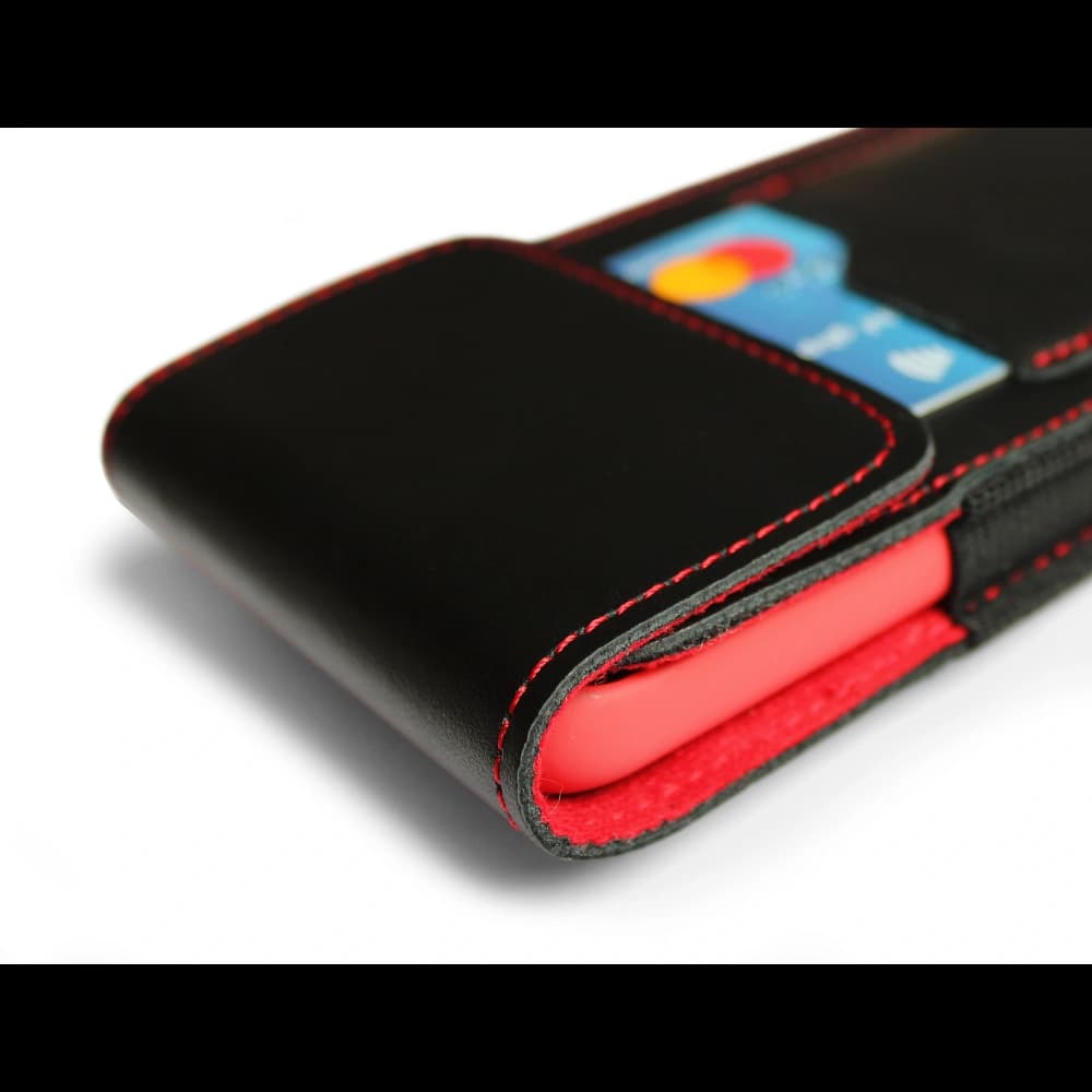LURESKO HECTOR XXL leather neck case / belt case / loop holster vertical 167x78x10mm (black smooth red thread red interior) - 9