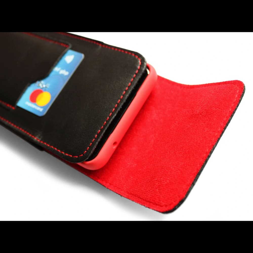 LURESKO HECTOR XXL leather neck case / belt case / loop holster vertical 167x78x10mm (black smooth red thread red interior) - 10