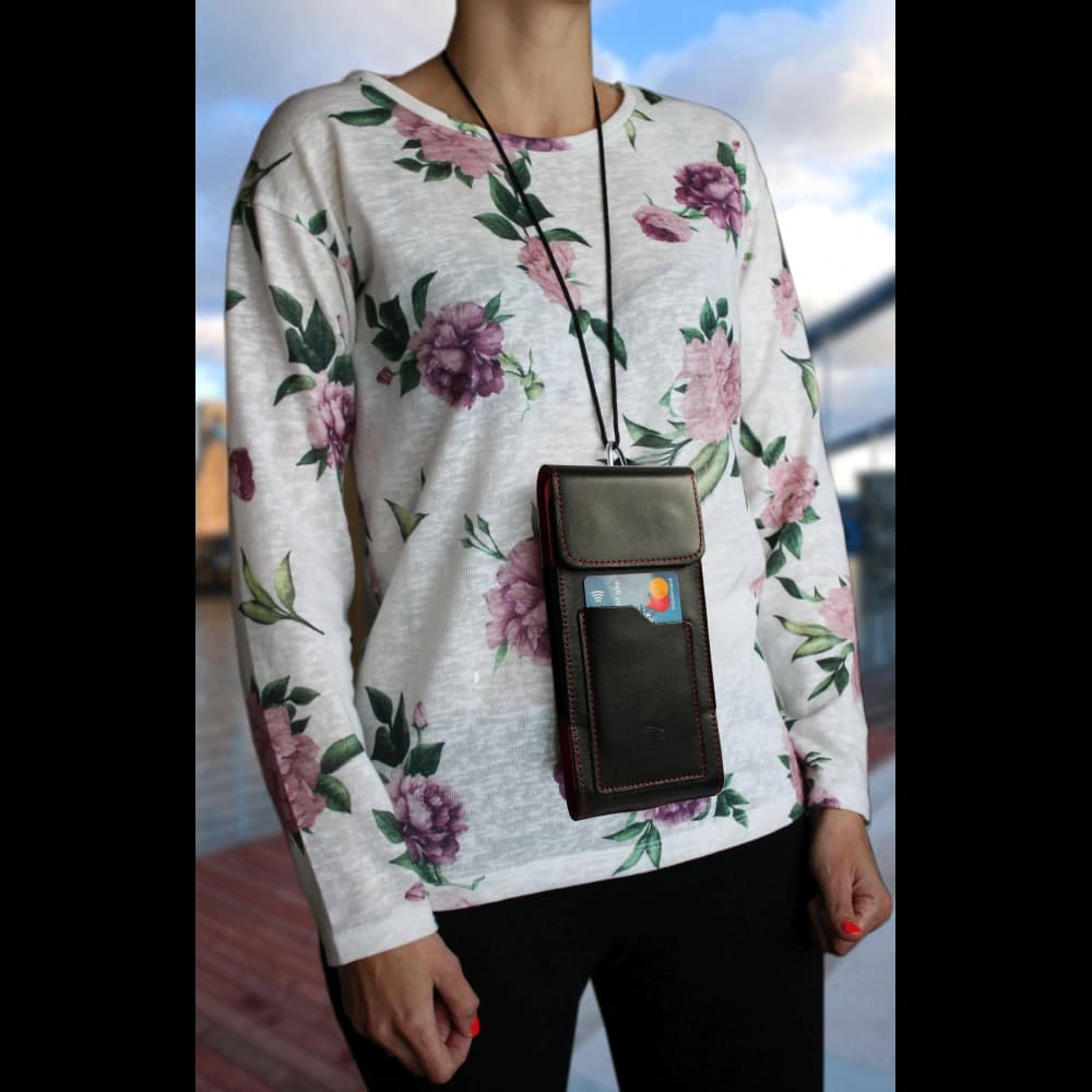 LURESKO HECTOR XXL leather neck case / belt case / loop holster vertical 167x78x10mm (black smooth red thread red interior) - 14