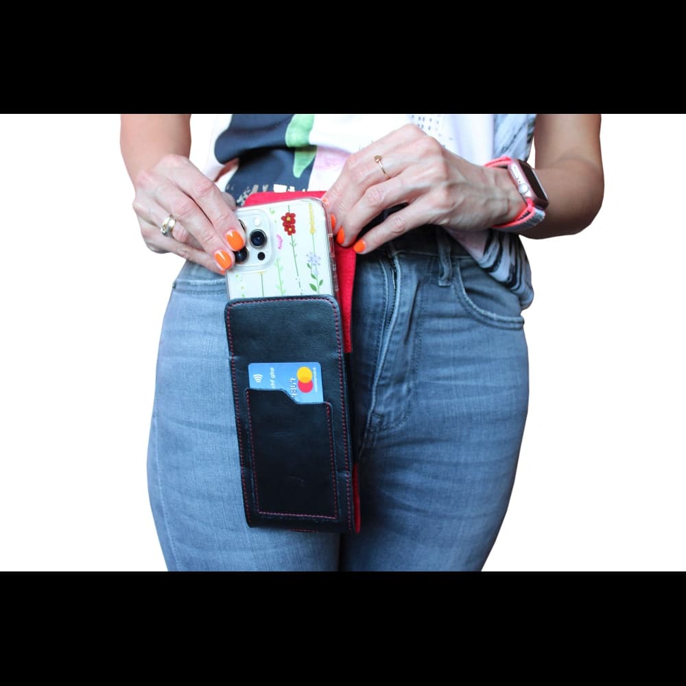 LURESKO HECTOR XXL leather neck case / belt case / loop holster vertical 167x78x10mm (black smooth red thread red interior) - 15