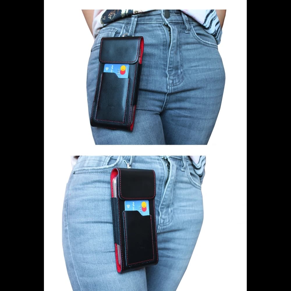 LURESKO HECTOR XXL leather neck case / belt case / loop holster vertical 167x78x10mm (black smooth red thread red interior) - 16