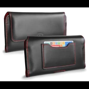 Skórzane etui ochronne LURESKO ELLA XXL na telefon - 170x85x12 / do torebki plecaka (czarny  czerwona nić)