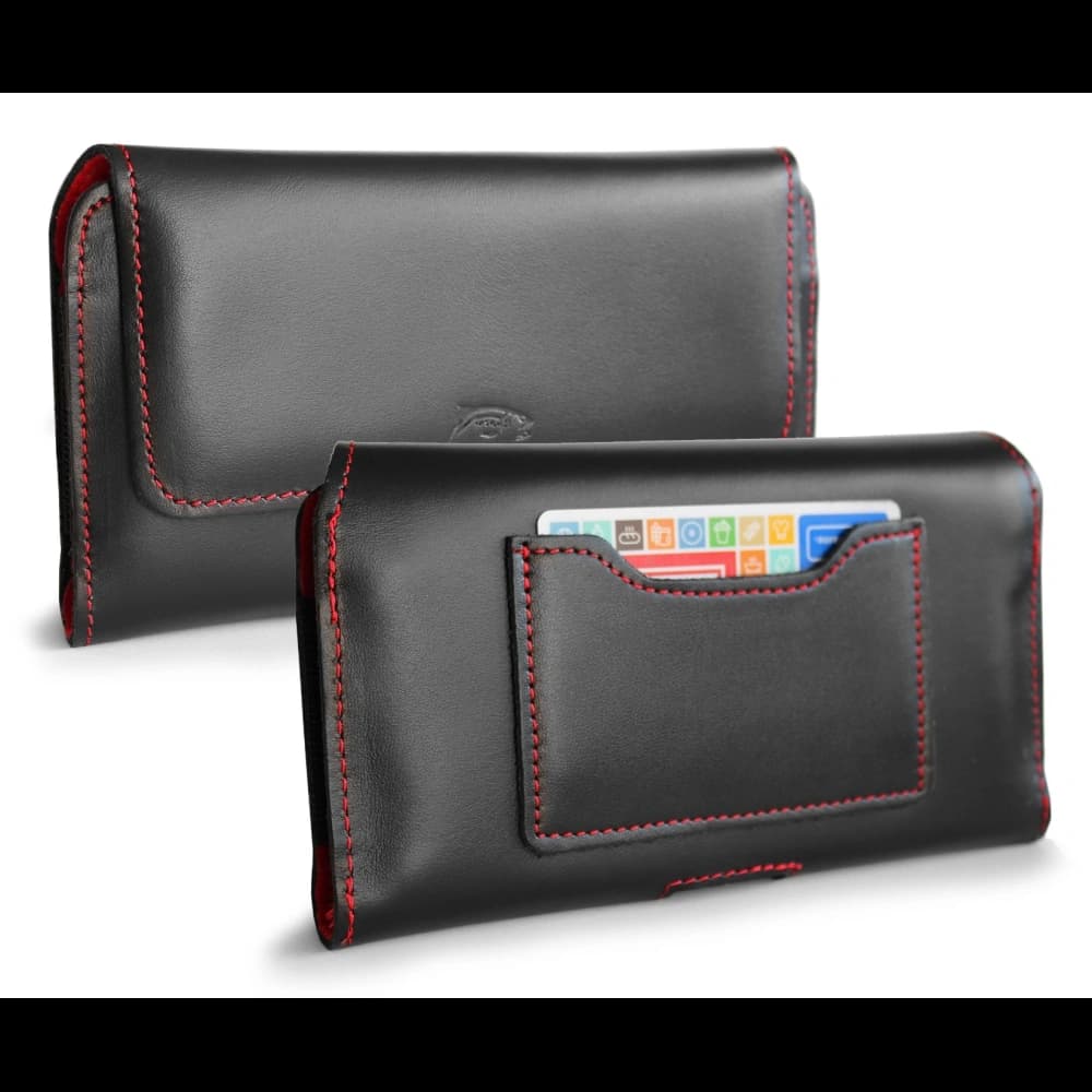 LURESKO ELLA XXL leather protective case for phone - 170x85x12 / for handbag backpack (black with red thread) - 1