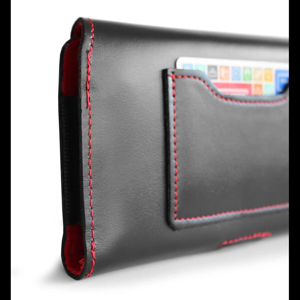 LURESKO ELLA XXL leather protective case for phone - 170x85x12 / for handbag backpack (black with red thread) - 3