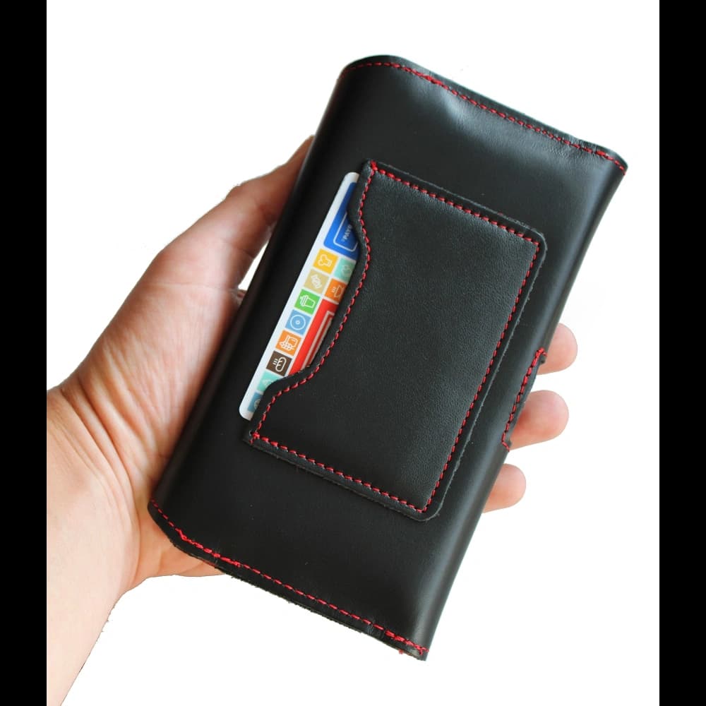 LURESKO ELLA XXL leather protective case for phone - 170x85x12 / for handbag backpack (black with red thread) - 4