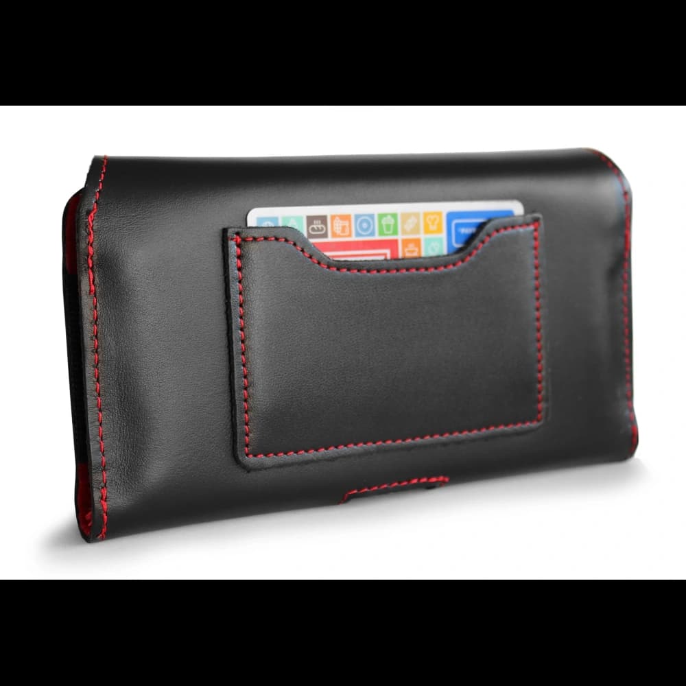 LURESKO ELLA XXL leather protective case for phone - 170x85x12 / for handbag backpack (black with red thread) - 5