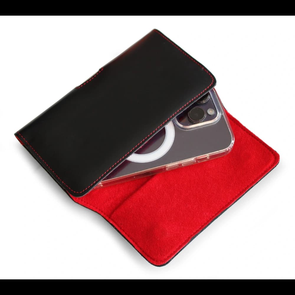 LURESKO ELLA XXL leather protective case for phone - 170x85x12 / for handbag backpack (black with red thread) - 7